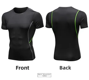 Front and back detail of black compression t-shirt with neon yellow side stripes