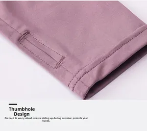 Detail view of the lilac yoga top sleeve featuring a thumbhole for secure movement