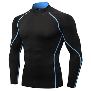 Men's high neck compression sports shirt in black with blue stitching for running