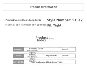 Specifications for model 91312 men's compression pants with 85% polyester and 15% spandex