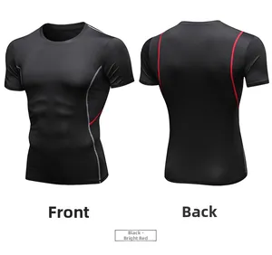 Front and back views of men's compression shirt with red and grey streamlined details