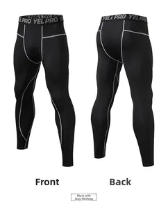 Front and back views of men's PRO compression leggings with grey stitching and elastic waistband