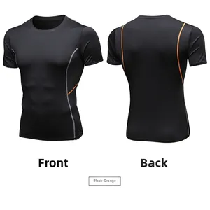 Detailed front and back view of men's compression shirt with orange side stripes
