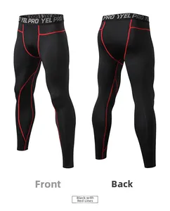 Front and back view of men's black compression leggings with red contrast stitching details