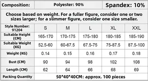 Size chart for men tight compression shirt with fabric details and measurements
