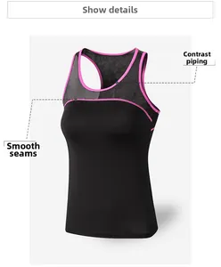 Detail of black yoga tank top with pink trim and breathable mesh stitching