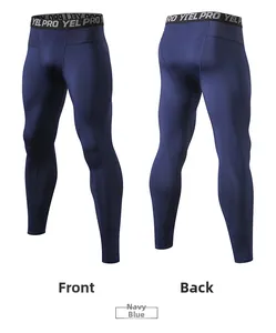 Detail view of navy blue men's compression pants with high elastic waist and mesh fabric