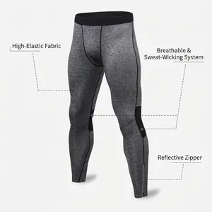 Men's high-elastic running tights with reflective zipper and breathable mesh panels