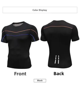 Detailed front and back views of men's compression shirt with orange wave patterns