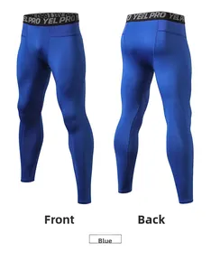 Front and back detail of blue high-elastic men's compression pants with mesh panels