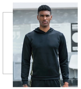 Detail view of men's black athletic hoodie with camouflage拼接 side panels and hood