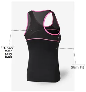 Detail of racerback yoga vest with breathable mesh panel and contrast pink edging