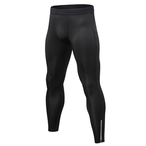 Men's compression running pants in matte black with reflective stripes and elastic waist