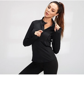 Detail of slim-fit sports top featuring half-zip stand collar and thumbhole cuffs
