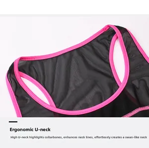 U-shaped neckline detail of black mesh sports top with pink trim for women