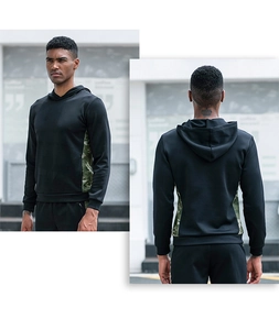 Front and back view of men's athletic hoodie and joggers with green camo patchwork