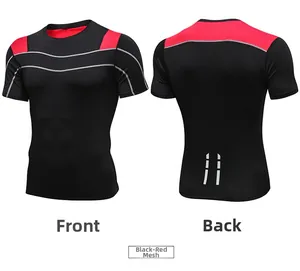 Front and back view of men's quick-dry compression shirt with red mesh paneling