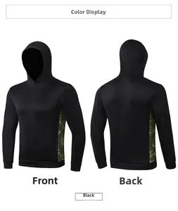 Front and back views of men's black athletic hoodie with green camo side panels