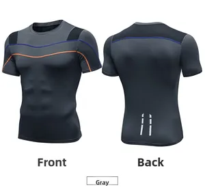 Front and back views of grey men's compression sport t-shirt with reflective details