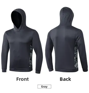 Front and back views of gray hoodie with side camouflage panels and athletic fabric