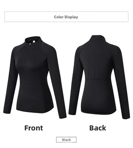 Front and back detail of a black slim-fit women's sports top with half-zip stand collar
