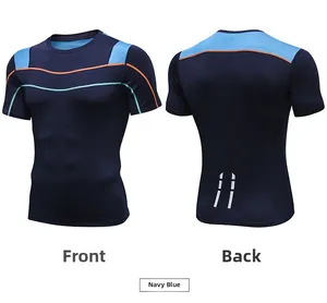 Front and back views of navy blue compression fitness shirt with reflective strips