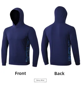 Front and back view of navy blue hooded sweatshirt with camo patchwork for men