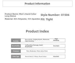 Tableau détaillé montrant 85% polyester 15% élasthanne pour haut de sport homme très extensible