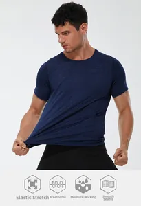 Detail of blue camo fitness shirt showing high elasticity and breathable moisture-wicking fabric