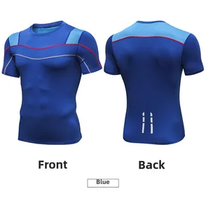 Front and back views of blue compression shirt with high-stretch quick-dry fabric details