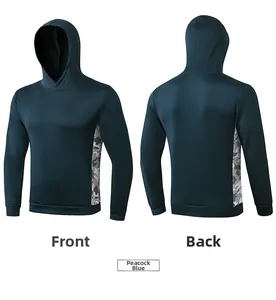 Front and back views of peacock blue sports hoodie with gray camouflage side panels