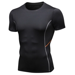 Men's tight fit black sports T-shirt with breathable fabric and athletic compression seams
