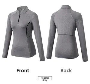 Front and back view of heather grey half-zip sports long sleeve with ergonomic seams