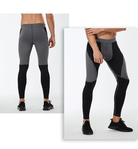 Detail view of men's camouflage compression leggings with ergonomic stitching and stretch fabric