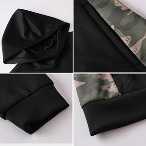 Detailed views of camouflage hoodie featuring ribbed cuffs and stitched neckline stitching