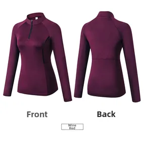 Burgundy slim-fit sports top with stand-up collar and front-back view display
