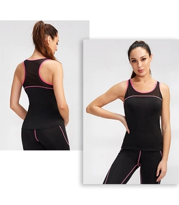 Front and back view of breathable mesh yoga tank top with pink piping and leggings