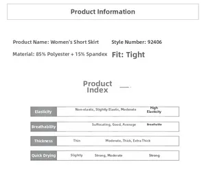 Detailed size and material specification table for high waist athletic tennis skirt