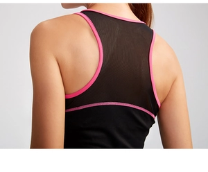 Detail of racerback yoga vest featuring breathable mesh splicing and pink contrast stitching
