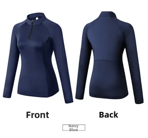 Front and back detail of navy blue half-zip long sleeve fitness shirt with stand collar