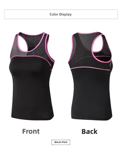 Front and back views of a black and rose pink mesh breathable quick-dry sports vest
