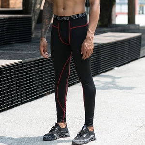 Men's high-elastic compression sports leggings in black with red stitching for gym training
