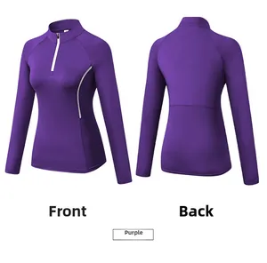 Detailed front and back views of purple high-elastic running jacket with half-zip collar