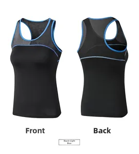 Front and back detail of a black yoga vest with blue trim and breathable mesh back