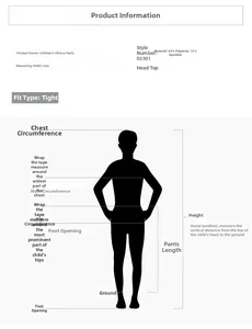 Size guide and measurement chart for kids compression pants showing body dimensions