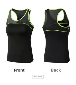 Detail view of black yoga tank top with mesh panels and neon green contrast piping