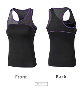 Front and back view of black yoga vest with purple trim and mesh panels for breathability