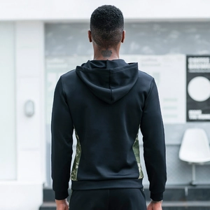 Men's black camo patchwork hoodie, athletic sport style with camouflage sleeve details