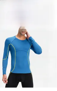 Men's blue compression shirt with yellow stitching and breathable quick-dry fabric