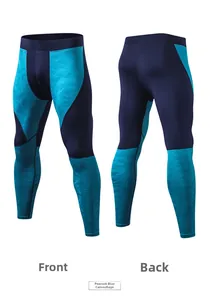 Front and back views of peacock blue camo compression pants for men sports training